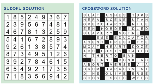 Completed Sudoku and crossword solution grids for the September 2026 issue