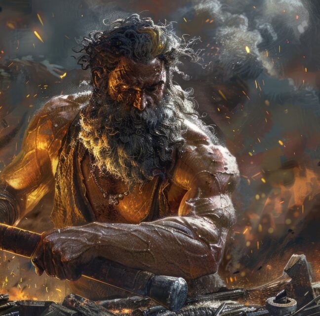 Vulcan the Roman god of fire hammers at his forge amid flames and sparks