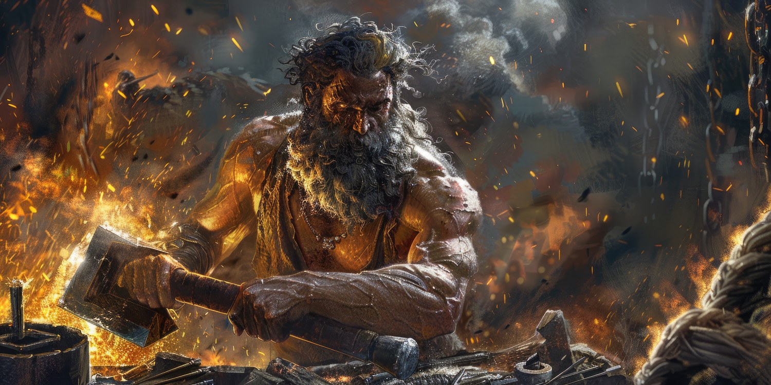 Vulcan the Roman god of fire hammers at his forge amid flames and sparks
