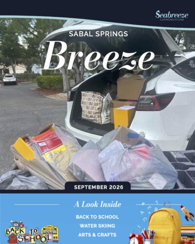 Sabal Springs Breeze September 2026 cover: back-to-school supplies loaded in an SUV