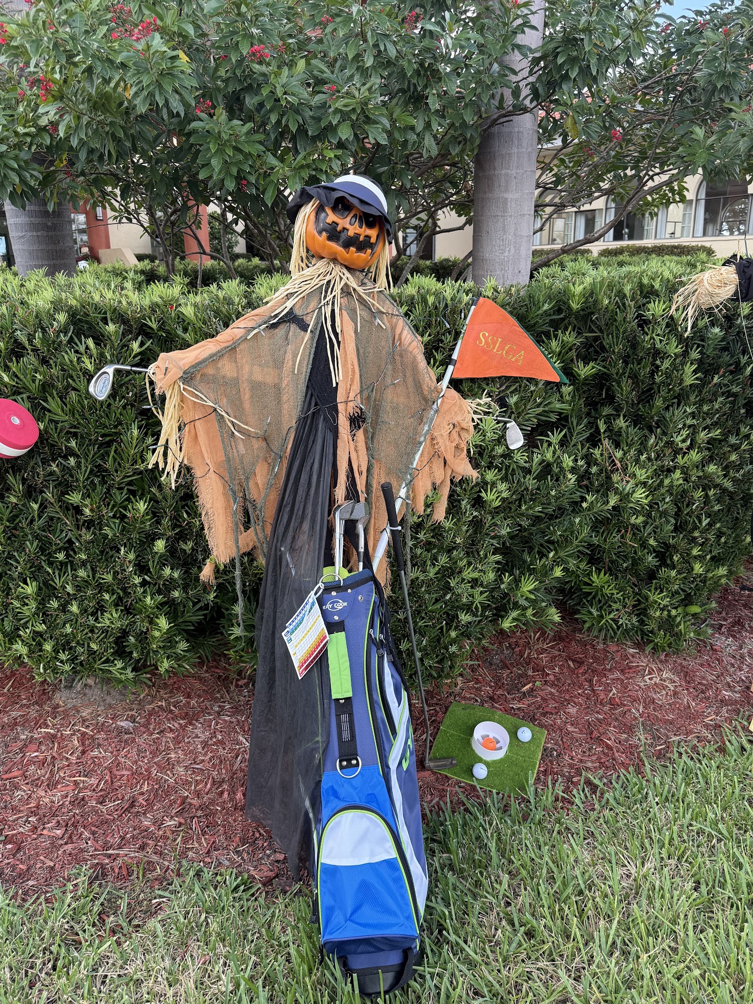 Golf-themed scarecrow built on a golf bag beside hedges at Sabal Springs