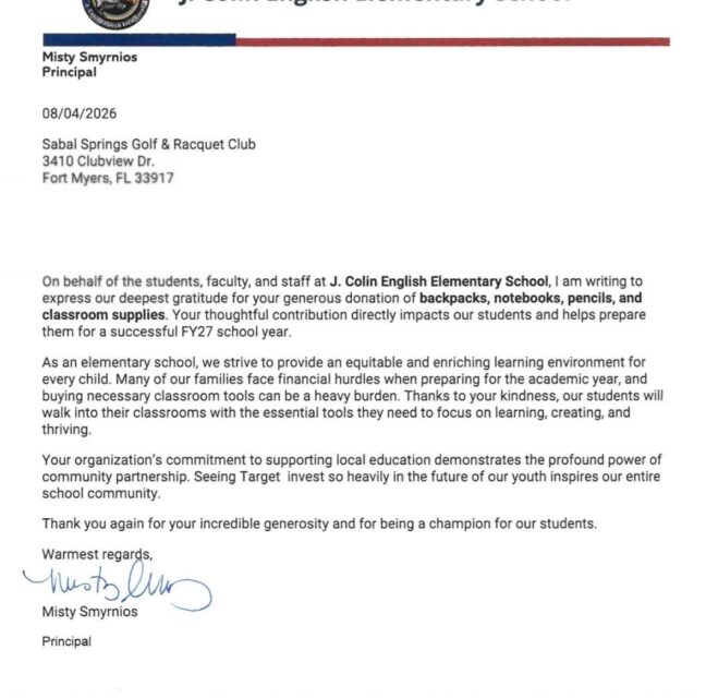 Thank you letter from J. Colin English Elementary School principal Misty Smyrnios