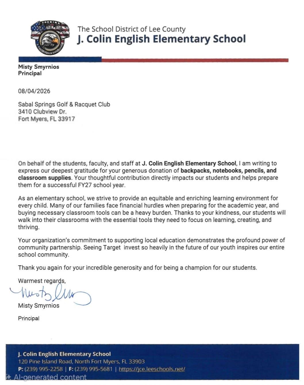 Thank you letter from J. Colin English Elementary School principal Misty Smyrnios