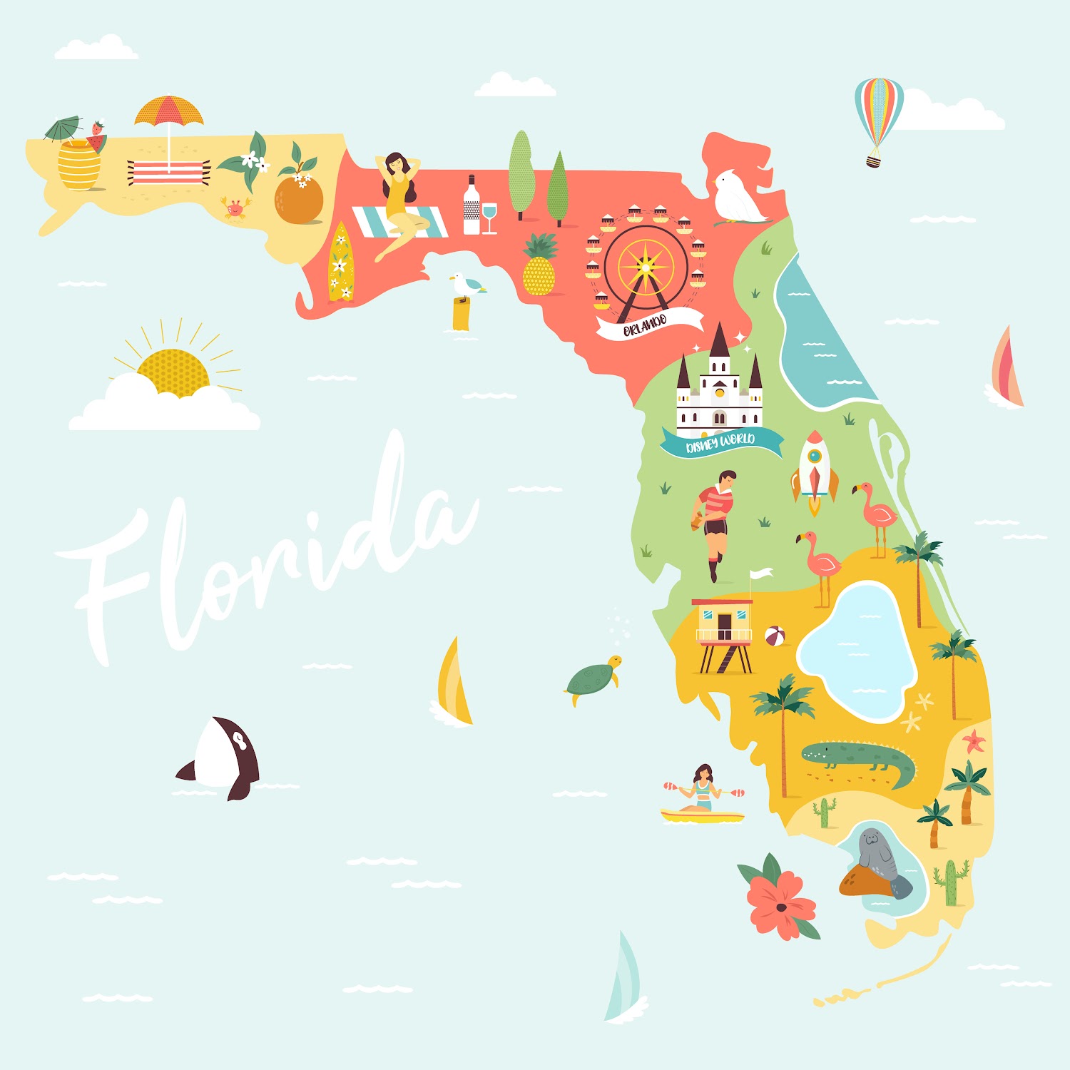 Illustrated map of Florida with beaches, theme parks, wildlife and landmarks.