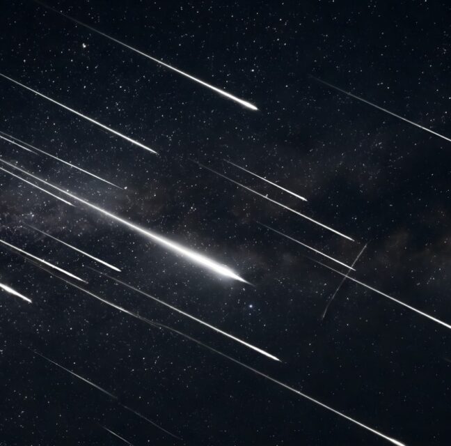 Meteors streaking across a star-filled night sky during the Leonid shower