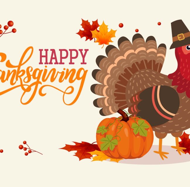 Happy Thanksgiving graphic with a turkey, pumpkins and autumn leaves.
