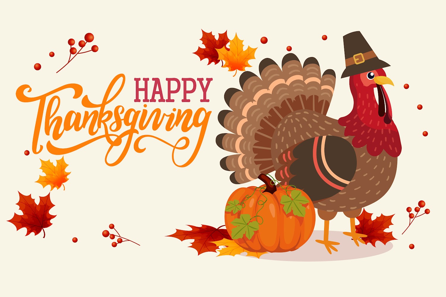Happy Thanksgiving graphic with a turkey, pumpkins and autumn leaves.