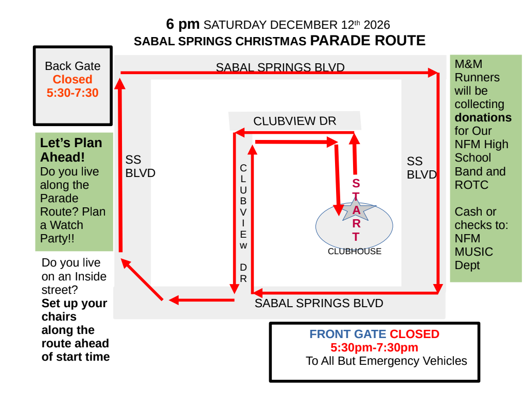 Map of the Sabal Springs Christmas Parade route with gate closing times.