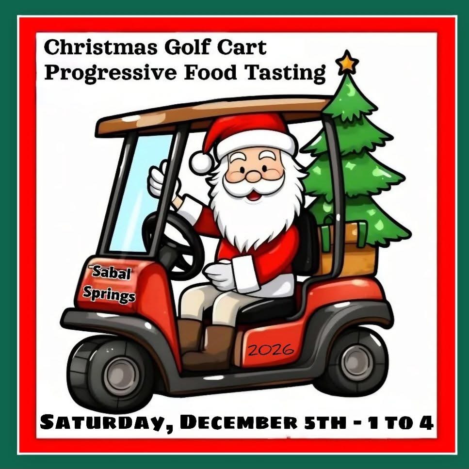 Flyer for the Christmas Golf Cart Progressive Food Tasting with Santa in a golf cart.