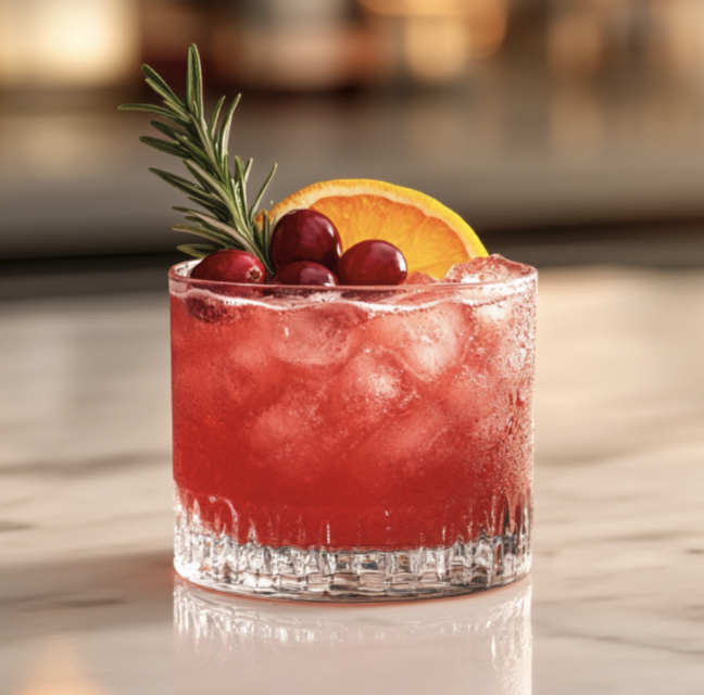 Cranberry bourbon sour in a rocks glass garnished with orange and rosemary.