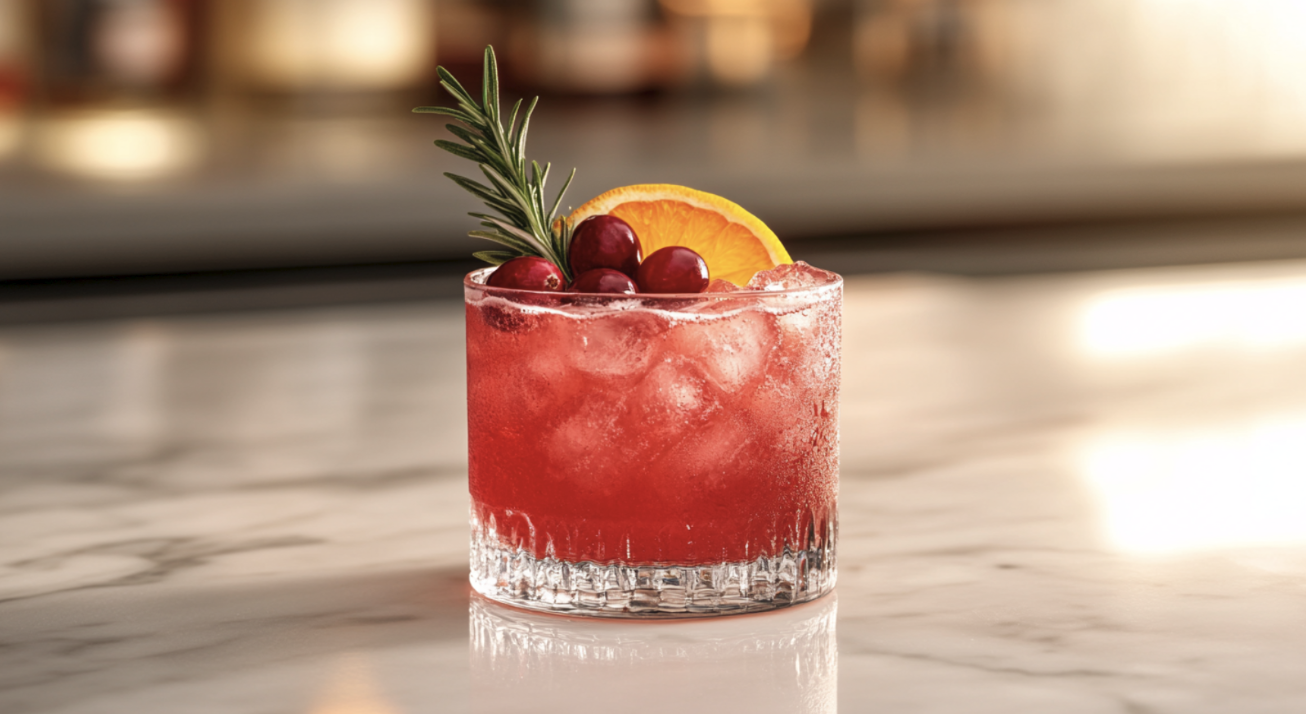Cranberry bourbon sour in a rocks glass garnished with orange and rosemary.