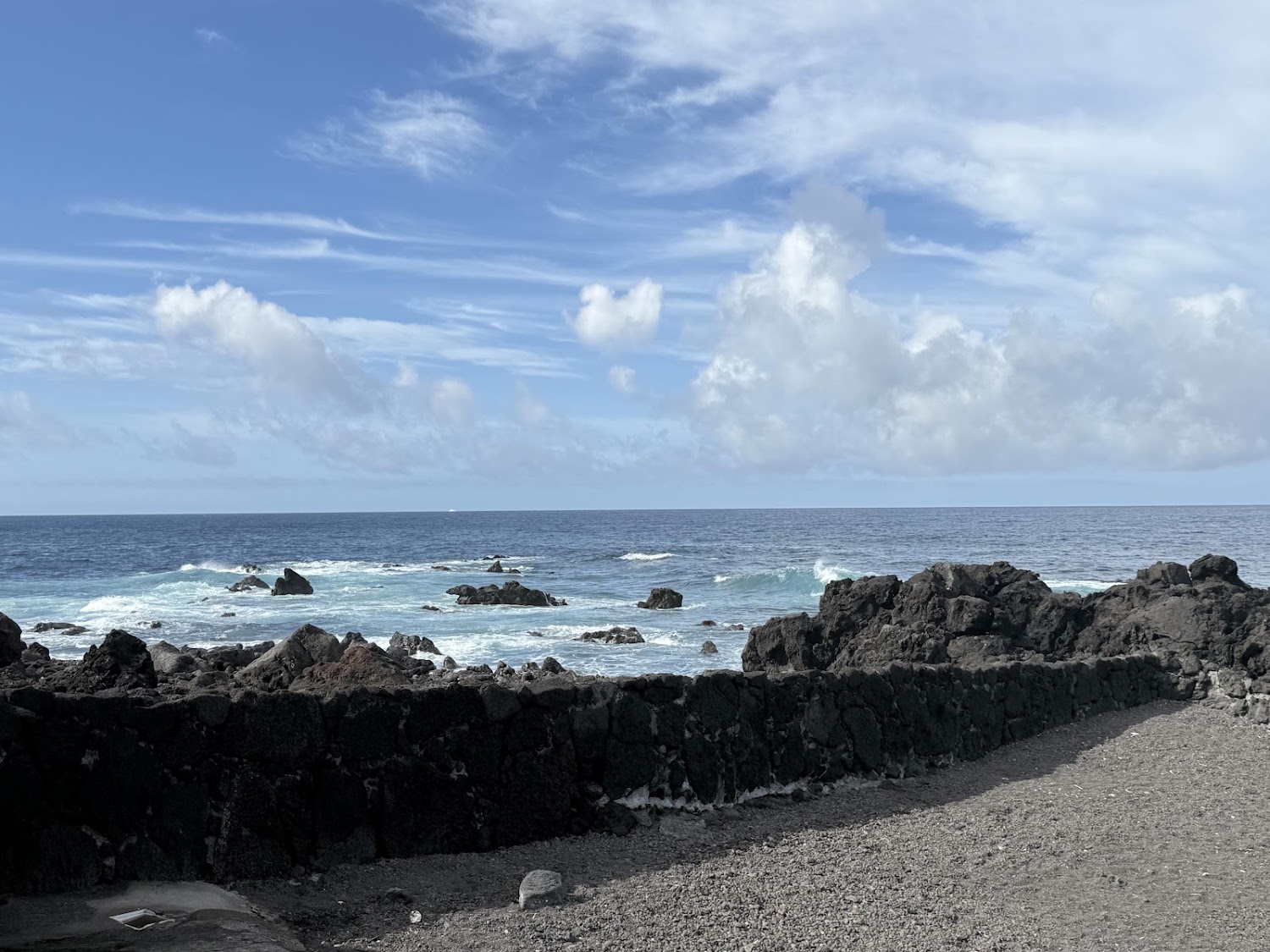 Rocky Azores shoreline with black lava rock under a blue sky.