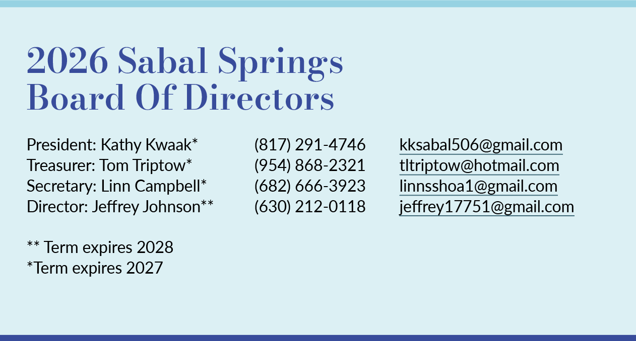 2026 Sabal Springs Board of Directors contact list